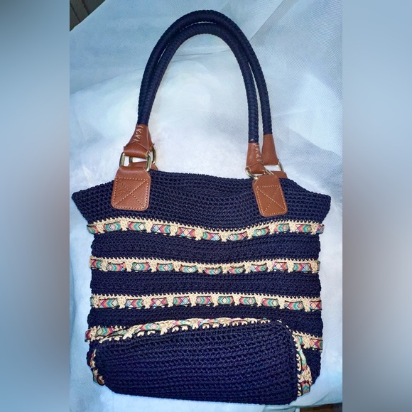 The Sak Cambria Crocheted Large Double Strap Zip Top Tote Navy Woven Ribbon - Picture 5 of 10